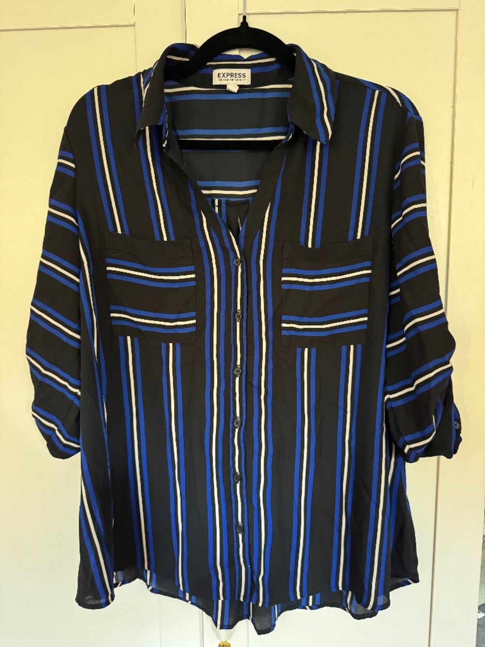 Express Portofino Shirt XL Black Blue White Striped Button Down